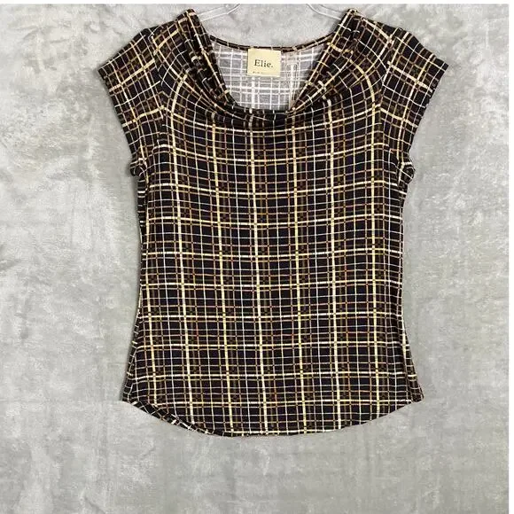 NEW Women's Elie Tahari Cowl Neck Abstract Pattern Cap Sleeve Business Shirt Top - Picture 2 of 7